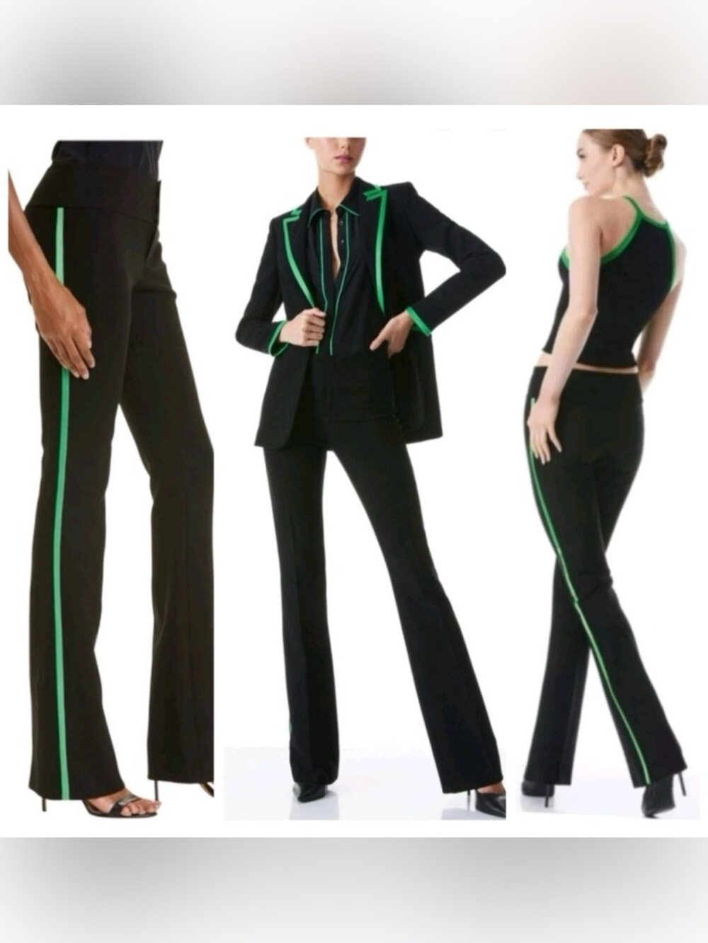 Alice + Olivia Black Wide-leg Side Green Stripe Trouser boot cut pants size 4